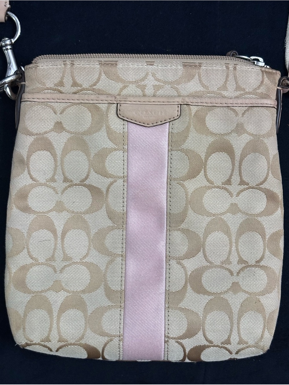 Coach Beige Signature Crossbody with Pink Center Stripe